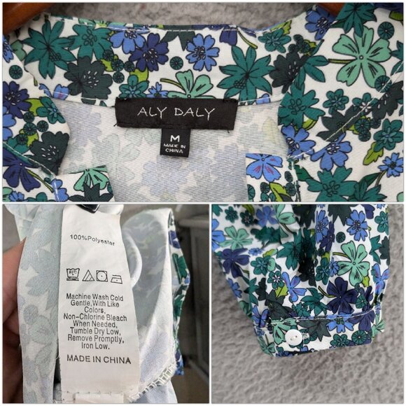 Aly Daly Floral Midi Dress Green Multicolor Long Sleeve Pleated Boho Size M - Picture 5 of 9